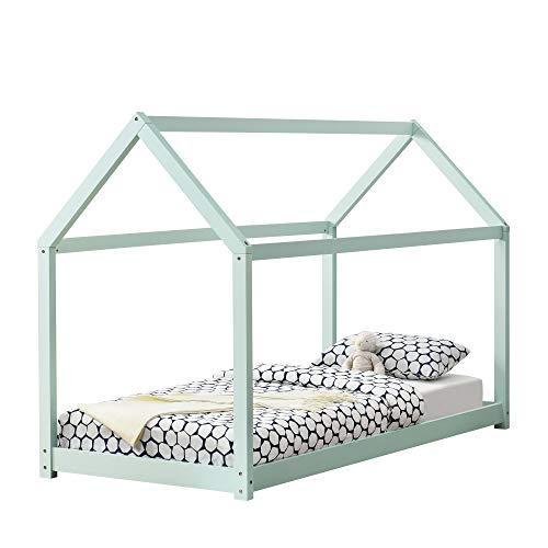 [en.casa] Cama para niños de Madera Pino 200x90cm Cama Infantil Forma de casa Color Verde Menta Lacado Mate