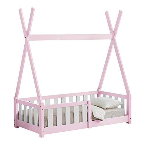 [en.casa] Cama para niños pequeños Cama Infantil 140x70cm Estructura Tipi de Madera Pino con reja de Seguridad Color Rosa