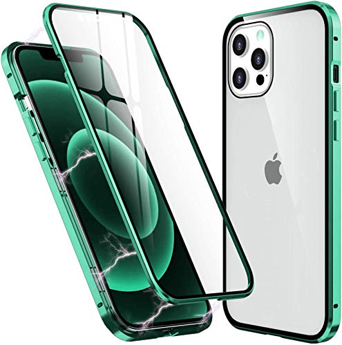 Funda para iPhone 12 Pro MAX Magnética Carcasa,iPhone 12 Pro MAX Funda Protectora de Cuerpo Completo 360° Cristal Templado Cover con Protector de Pantalla,Antigolpes Rugged Metal Bumper Case,Verde