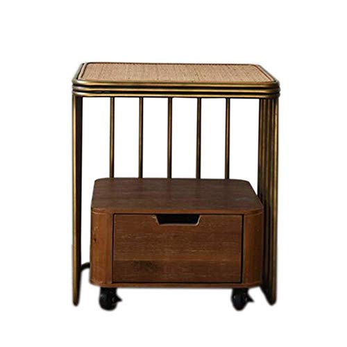 Furniture Decoration table Vintage Rattan Wrought Iron Bedside Table 2 in 1 bedside table Single Drawer Side Cabinet With Wheels For Flexible Movement (Color : Wood Size : 15.74 * 13.77 * 17.71in)