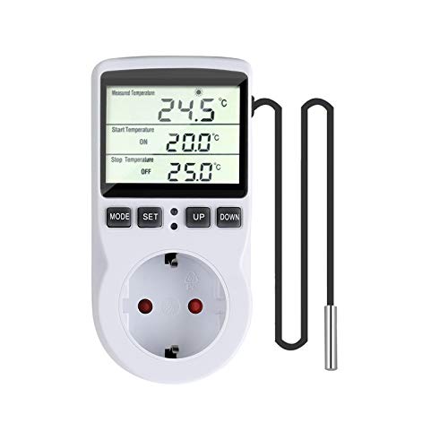 Gobesty Termostato Controlador de Temperatura, Controlador de Temperatura Digital, 230 V Termostato de Enchufe con Temporizador y Sonda para Invernadero, Acuario Refrigeración Calefacción