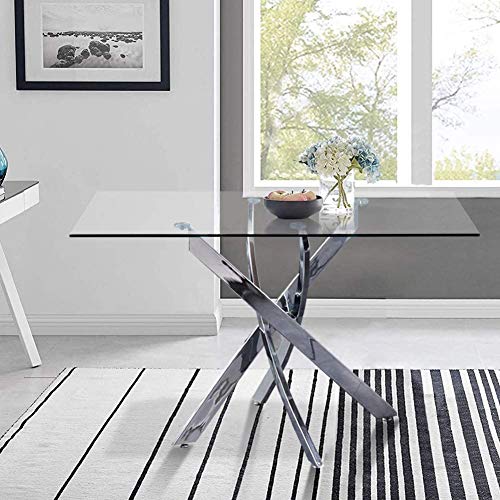 GOLDFAN Mesa de Comedor de Cristal con Patas Cromadas Estilo Moderno Mesa Cuadrada para Salón Oficina Cocina Cristal113CM GOLDFAN Mesa de Comedor de Cristal con Patas Cromadas Estilo Moderno Mesa Cuadrada para Salón Oficina Cocina Cristal113CM