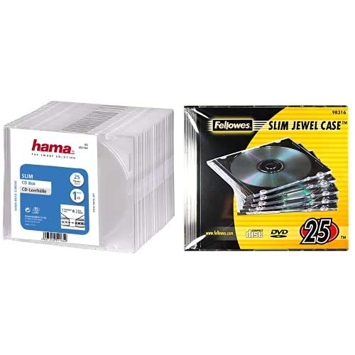Hama CD Slim Box, 25 pcs./Pack 1 Discos Transparente Fundas para Discos ópticos (25 pcs./Pack, 1 Discos, Transparente, De plástico) + Fellowes 98316 Pack de 25 Cajas Estuche para CDs/DVDs Slim
