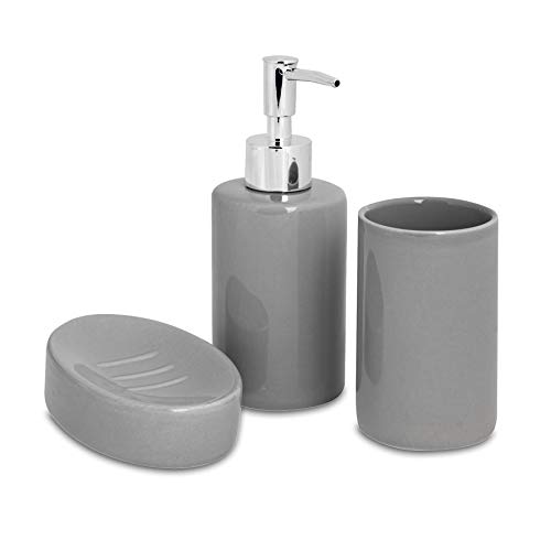 Harbour Housewares Set de baño de 3 Piezas - Dosificador de jabón, Vaso para cepillos de Dientes y jabonera - Gris