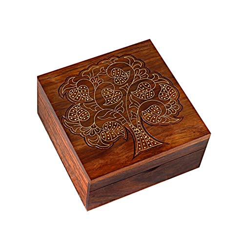 Hashcart - Joyero artesanal de estilo indio de madera, fabricado a mano, para guardar joyas, bisutería, con diseño tradicional e incrustaciones de latón, madera, STYLE 6