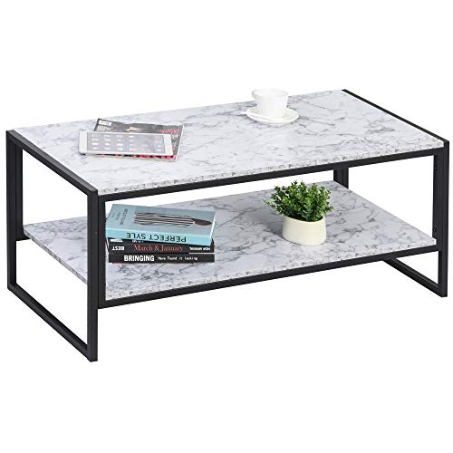 HOMCOM Mesa de Centro Multifuncional Mesa de Café Minimalista Imitación Mármol con Estructura de Metal Estante Adicional Gran Espacio 106x50x47 cm Blanco HOMCOM Mesa de Centro Multifuncional Mesa de Café Minimalista Imitación Mármol con Estructura de Metal Estante Adicional Gran Espacio 106x50x47 cm Blanco