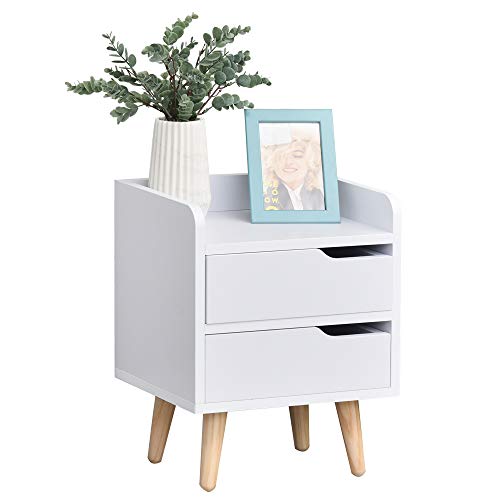 HOMCOM Mesa de Noche Multiusos Mesita Auxiliar para Sala de Estar o Dormitorio con 2 Cajones Espaciosos Patas Elevadas de Pino Diseño Moderno 33x28x42 cm Blanco