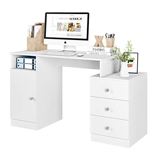 Homfa Mesa Escritorio Mesa para Oedenador Escritorio Blanco para Oficina Estudio Despacho con 3 Cajones 1 Puerta 133x50x75.5cm