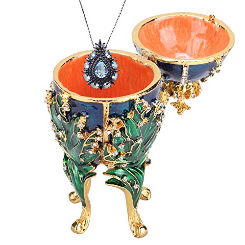 Joyero, pintado a mano enredaderas de coral esmaltado Faberge huevo collar de metal anillo sostenedor de la joyería con diamantes de imitación brillantes para regalo de decoración del hogar