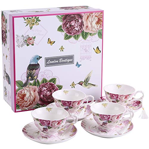 Juego de café compuesto de 4 tazas y 4 platos, perfecto para el té, diseño vintage y elegante, en porcelana, disponible en motivos florales y de mari