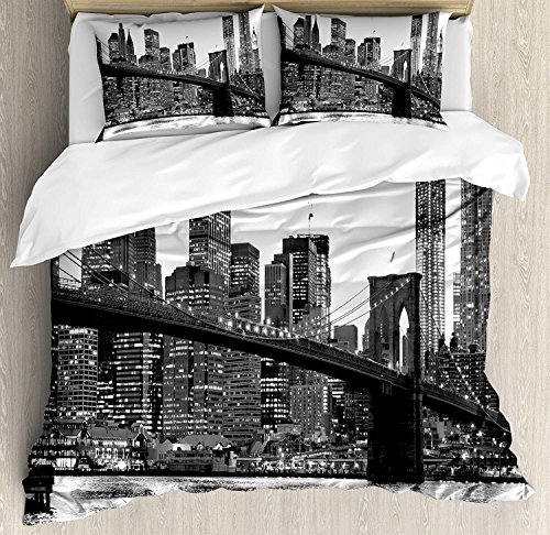 Juego de sábanas moderno de 3 piezas Juego de fundas nórdicas, Brooklyn Bridge Sunset con imagen de la ciudad famosa de Manhattan, Nueva York, juego de fundas de edredón / Qulit de 3 piezas con 2 fund