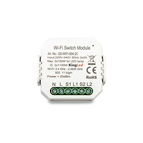 Kingled – Switch 2 CH ON/OFF WiFi – Módulo inteligente para 2 interruptores y 2 puntos de luz – Smart WiFi compatible con Alexa, Google y smartphone serie KiWi