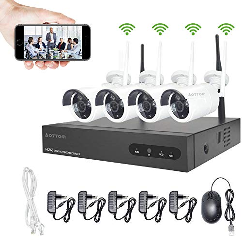 Kit de vigilancia de Video WiFi Cámaras Aottom 720P Sistema de vigilancia de Video WiFi, 8ch NVR + 4pcs Cámaras WiFi, Visión Nocturna, Detección de Movimiento, Email Alarmas, P2P, APP Remotely, no HDD