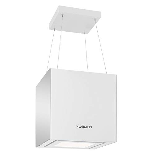 Klarstein Kronleuchter - Campana extractora en isla, Flujo aire hasta 600 m³/h, Iluminación LED, Eficiencia energética Clase A, 3 niveles, Filtro grasa, Control táctil, 45 x 45 x 45 cm, Blanco humo