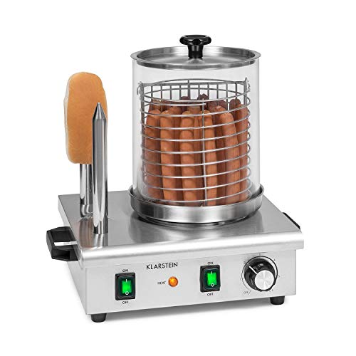 Klarstein Wurstfabrik Pro 550 máquina de perritos calientes - 550 W, 2 pinchos, regulador de temperatura entre 30 y 100 °C, cilindro de vidrio de Ø 20 cm, jaula de acero de Ø 17 cm, acero, plateado