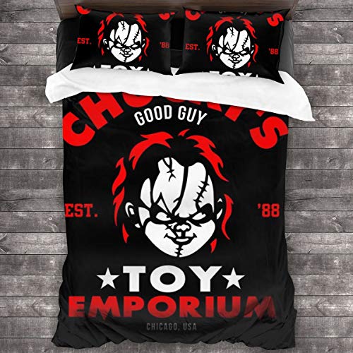 KUKHKU Chuckys Good Guy Emporium Juego de cama de 3 piezas, funda de edredón de 86 pies x 70 pies, juego de cama decorativo de 3 piezas con 2 fundas de almohada