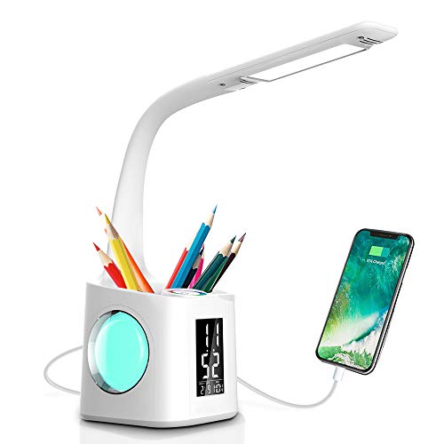 Lámpara de Escritorio LED Wanjiaone con Portalápices, 10W Lámpara de Mesa Regulable Pantalla LCD y Carga USB, Luz de Noche con 3 Niveles de Brillo y 256 Colores de Luz RGB para Estudiar y Dormir