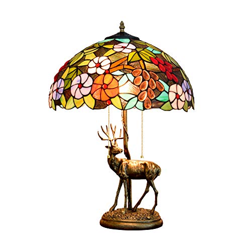 Lámpara de mesa de vidrio manchado, lámparas de mesa hechas a mano Tiffany, lámparas mediterráneas de uva de 16 pulgadas para sala de estar, base de resina de registro, cabezal de 2 luces E27,220V