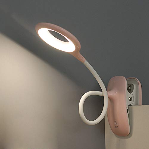 Lámpara Pinza Lectura LED Lámpara de Escritorio con Control Táctil USB Recargable, 3 Modos de Luz, Cuello Flexible para Leer en Cama, Estudio,Rosado