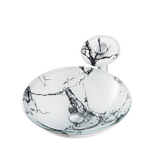 Lavabo de Cristal con Grifo de Cascada, Blanco Lavabo de Vidrio Templado Jaspeado Lavabo sobre Instalación en Encimera Lavabo sobre para Baño, 420mm*420mm*145mm*12mm,Black Pattern Lavabo de Cristal con Grifo de Cascada, Blanco Lavabo de Vidrio Templado Jaspeado Lavabo sobre Instalación en Encimera Lavabo sobre para Baño, 420mm*420mm*145mm*12mm,Black Pattern
