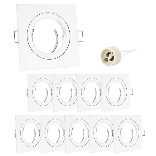 linovum® Juego de 10 marcos de montaje GU10 cuadrados, color blanco, incluye casquillo GU10, 10 focos empotrables para LED, halógenos, MR16