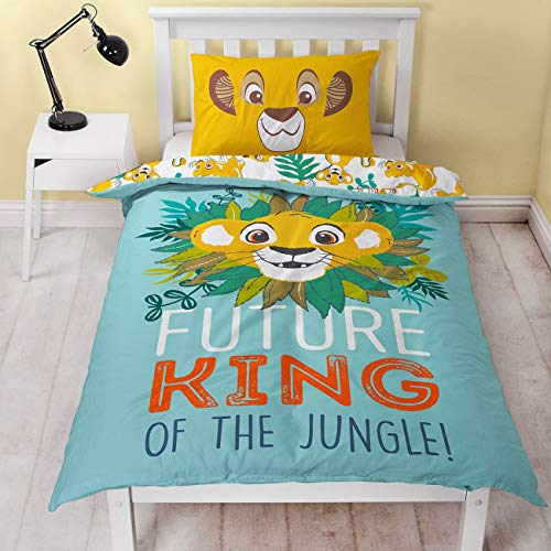 Lion King Disney Simba - Funda de edredón para cama individual, con licencia oficial reversible, diseño de rey de la selva con funda de almohada a juego