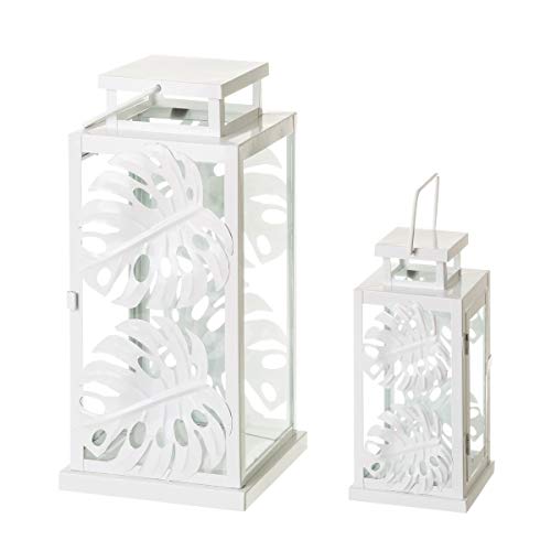 LOLAhome Set de faroles con Hojas Blanco de Metal étnico para decoración Vitta