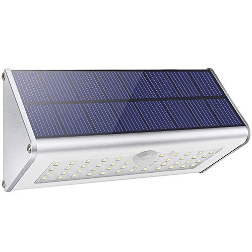 Luces de seguridad solar al aire libre, Licwshi 1100lm 46 LED 4500mAh Aleación de aluminio plateado Sensor de movimiento infrarrojo Luces de noche para jardín, calle, valla, patio, luz blanca