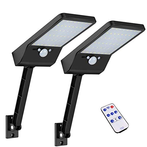 Luces solares al aire libre, Super brillante 48 LEDs, IP65 impermeable con control remoto, luces solares del sensor de movimiento con 3 modos para el jardín, camino, entrada (2PACK)