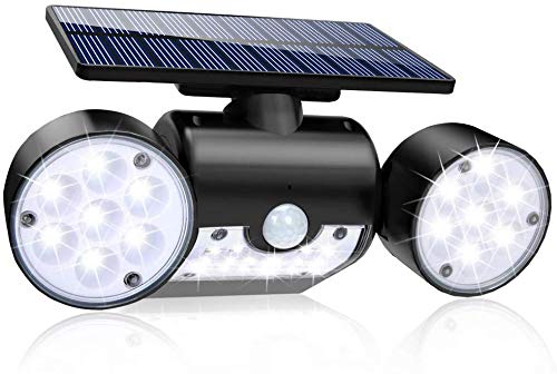 Luz Solar Exterior, Ultra Potente LED Foco Solar con Sensor de Movimiento Doble Cabeza IP65 Impermeable 360 ° Ajustable Lámpara Solar de Seguridad para Frente Puerta Yarda Jardín Garaje (1Pcs)