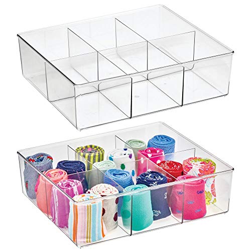 mDesign Juego de 2 cajas organizadoras con 6 compartimentos – Práctico organizador de plástico sin BPA para los armarios del dormitorio – Fantástica caja para ropa y accesorios – transparente