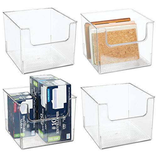 mDesign Juego de 4 cajas organizadoras – Práctico organizador de escritorio, salón, baño y mucho más – Caja de plástico con frontal más bajo para que el contenido esté más accesible – transparente