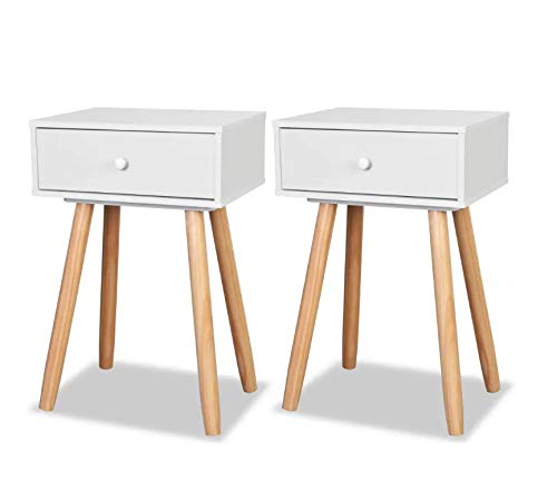 Mesita Auxiliar Blanca con Cajón, Set de 2 Mesita de Noche de Madera Maciza de Pino para Dormitorio, 40 x 30 x 61 cm Mesita Auxiliar Blanca con Cajón, Set de 2 Mesita de Noche de Madera Maciza de Pino para Dormitorio, 40 x 30 x 61 cm