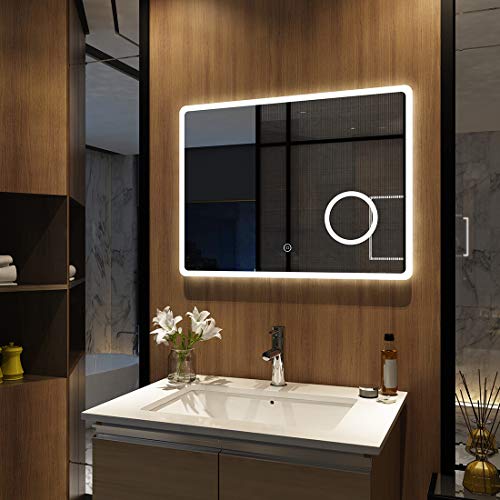 Meykoers - Espejo de pared para baño con iluminación LED (80 x 60 cm, espejo con aumento de luz, regulable, blanco cálido/blanco frío/neutro, 3000 K-6400 K)