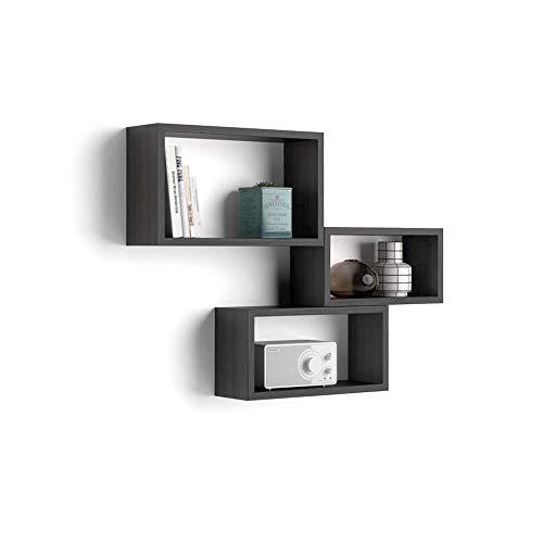 Mobili Fiver, Set de 3 esatantes de Pared rectangulares, Modelo Giuditta, Color Madera Negra, Aglomerado y Melamina, Made in Italy