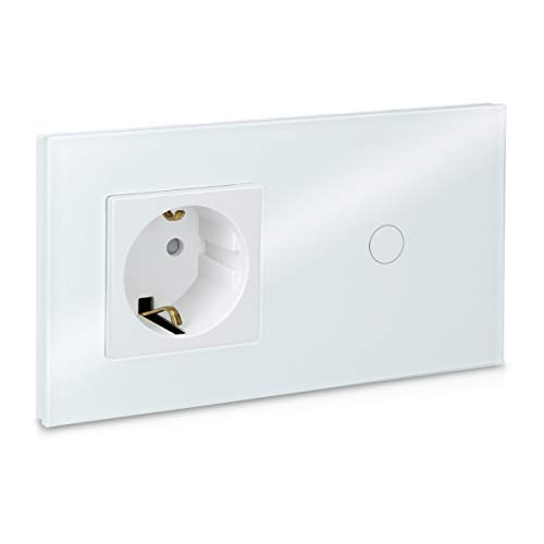 Navaris Interruptor táctil con enchufe para pared - Marco de cristal doble con enchufe e interruptor para luz con pulsador LED - Empotrable en blanco