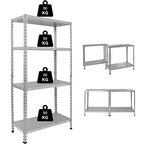 NAWA Kit Estantería Metálica 137x70x30cm Galvanizada 4 Baldas Capac. 50 kg Ideal para organización de garajes, sótanos, trasteros o hasta oficinas de trabajo