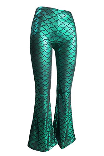 Nihoe Pantalones para mujer, estilo vintage, escamas de sirena, pierna ancha, pantalones de club. verde XL