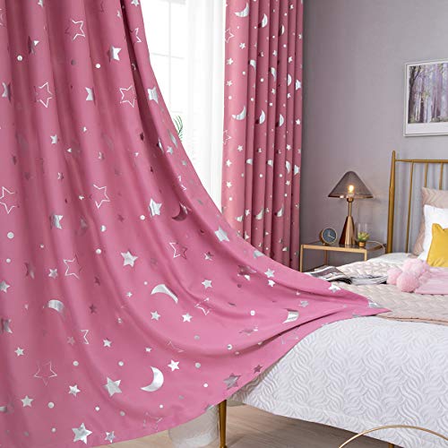 Nyescasa Cortinas opacas con diseño de estrellas y lunas, 2 paneles rosas, cortinas opacas para niños, niñas, dormitorio o sala de estar, 100 x 250 cm (ancho x alto)