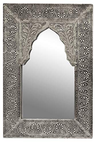 Oriente espejo espejo de pared Malik 42 cm de altura de plata | Gran espejo de la sala de Marruecos con marco de madera decorado | Espejo de baño sin iluminación como decoración oriental