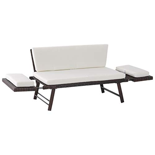 Outsunny Sofá de Dos Plazas Ratán Sintético Convertible en Cama Sofá de Jardín Exterior con Cojín Silla Mueble Mobiliario Patio Terraza Marrón 129x66x67cm