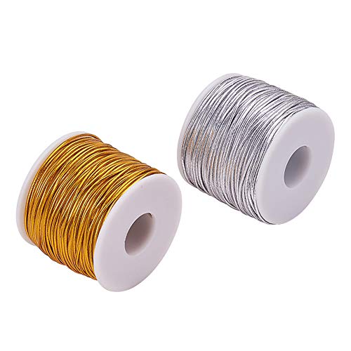 PandaHall Elite - Cordón elástico metálico, 2 mm, 50 m, cordón extensible dorado/plateado para envolver regalos, decoración de árbol de Navidad, 2 rollos
