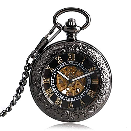 Panduo Reloj de Bolsillo y Pulsera Reloj de Bolsillo Reloj mecánico Escultura para Hombre Cubierta de Vidrio Transparente Sinuoso Moda Auatic Steampunk Exquisito Reloj Fob Regalo Negro Firma