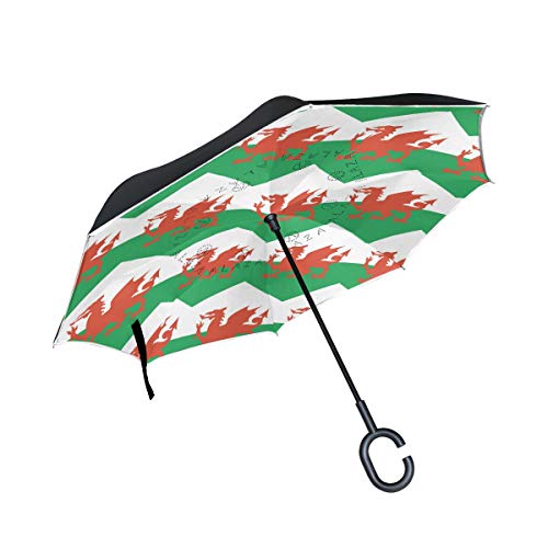 Paraguas invertido de Doble Capa con diseño de Bandera de Gales a Prueba de Viento, Impermeable, con Mango en Forma de C