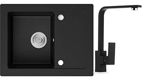 PRIMAGRAN Fregadero de Granito - Ibiza, Lavabo Cocina Un Seno + Mezclador de Fregadero + Sifón Clásico, Fregadero Empotrado 64 x 49 cm, Negro PRIMAGRAN Fregadero de Granito - Ibiza, Lavabo Cocina Un Seno + Mezclador de Fregadero + Sifón Clásico, Fregadero Empotrado 64 x 49 cm, Negro