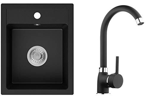 PRIMAGRAN Fregadero de Granito - Riga, Lavabo Cocina Un Seno + Grifo + Sifón Clásico, Fregadero Empotrado 40 x 50 cm, Negro