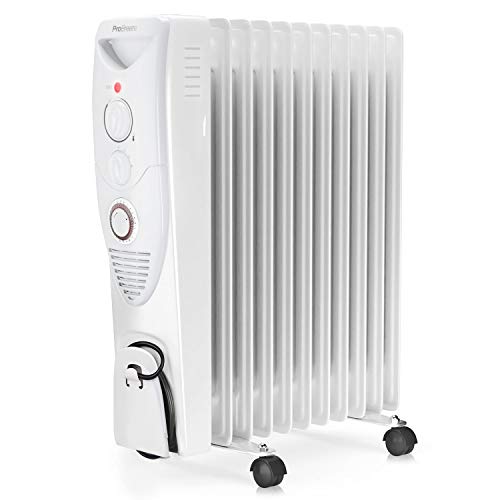 Pro Breeze® Radiador de Aceite 2500W, 11 Elementos - Calentador Eléctrico Portátil - Temporizador Incorporado, 3 Configuraciones de Calor, Termostato y Apagado Automático de Seguridad