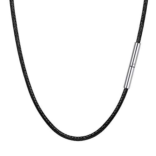 PROSTEEL Collar de Cuero Genuino para Hombre, Negro 2mm Cadena de Cuero con Cierre de Acero Inoxidable Collar Básico, 41cm