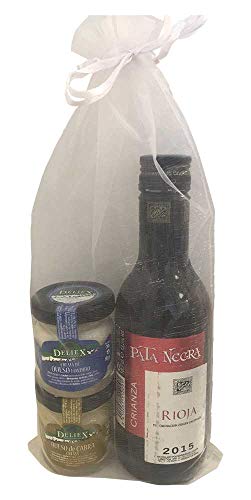 Regalo con vino Pata Negra Rioja y dos tarritos de cremas de queso en bolsa de organza (Pack 24 ud)