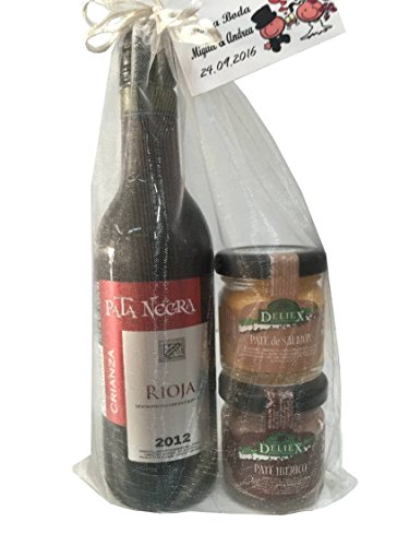 Regalo de vino Rioja Crianza Pata Negra con 2 tarritos de patés sabor (ibérico y de salmón) en bolsa de organza (Pack 24 ud)